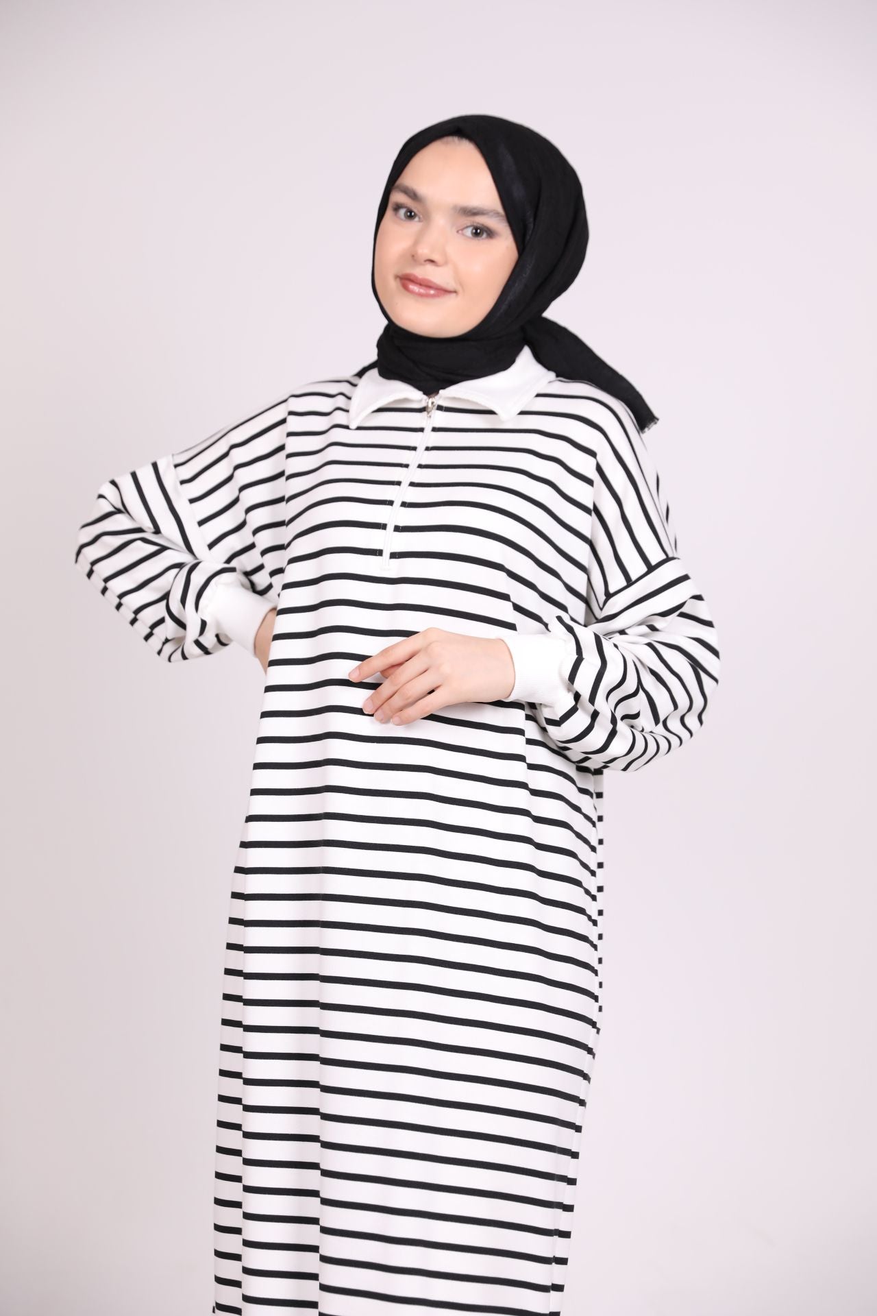 Zippered Striped Dress Black