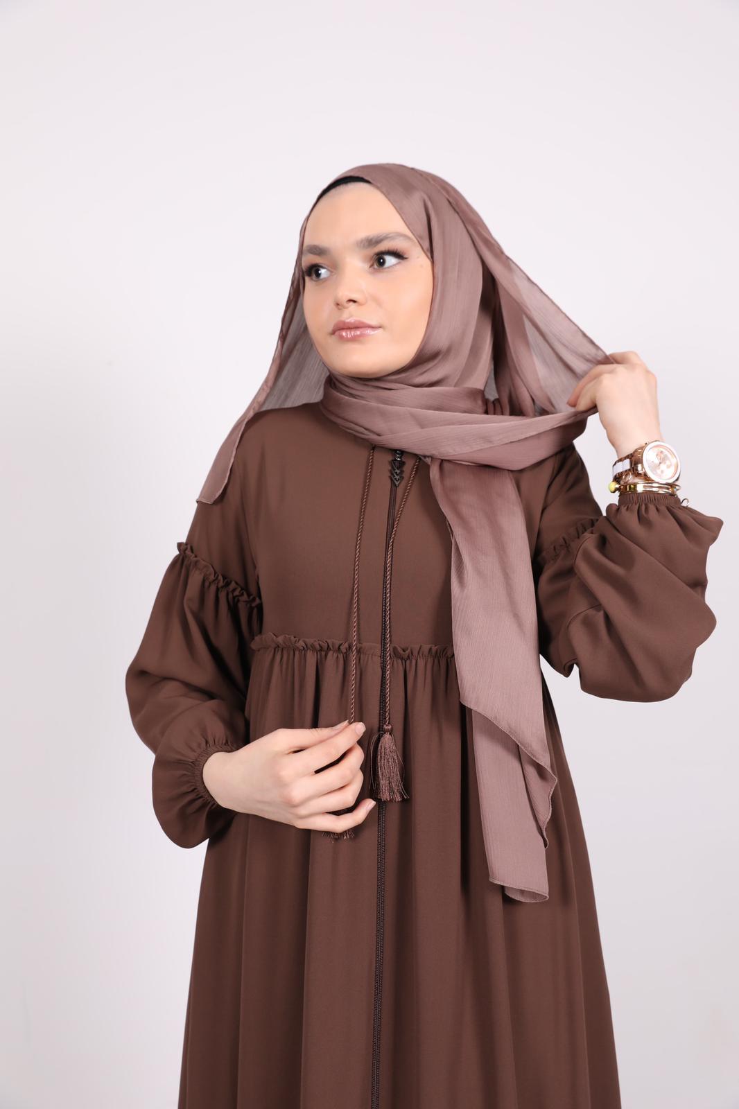 Ruffle Detailed Abaya Brown