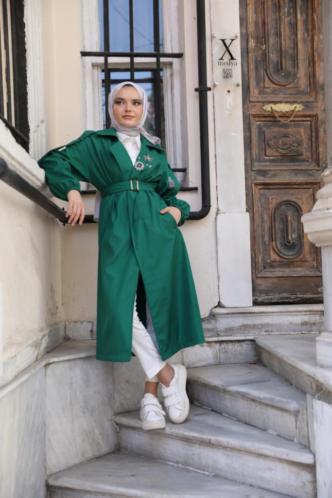 Stoned Collar Trench Green