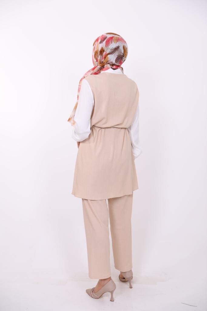 Frilly Front Shirt Detailed Suit Beige