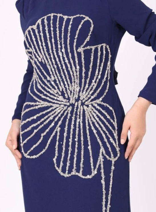 Nursema Model Yaprak Desenli Abiye Lacivert