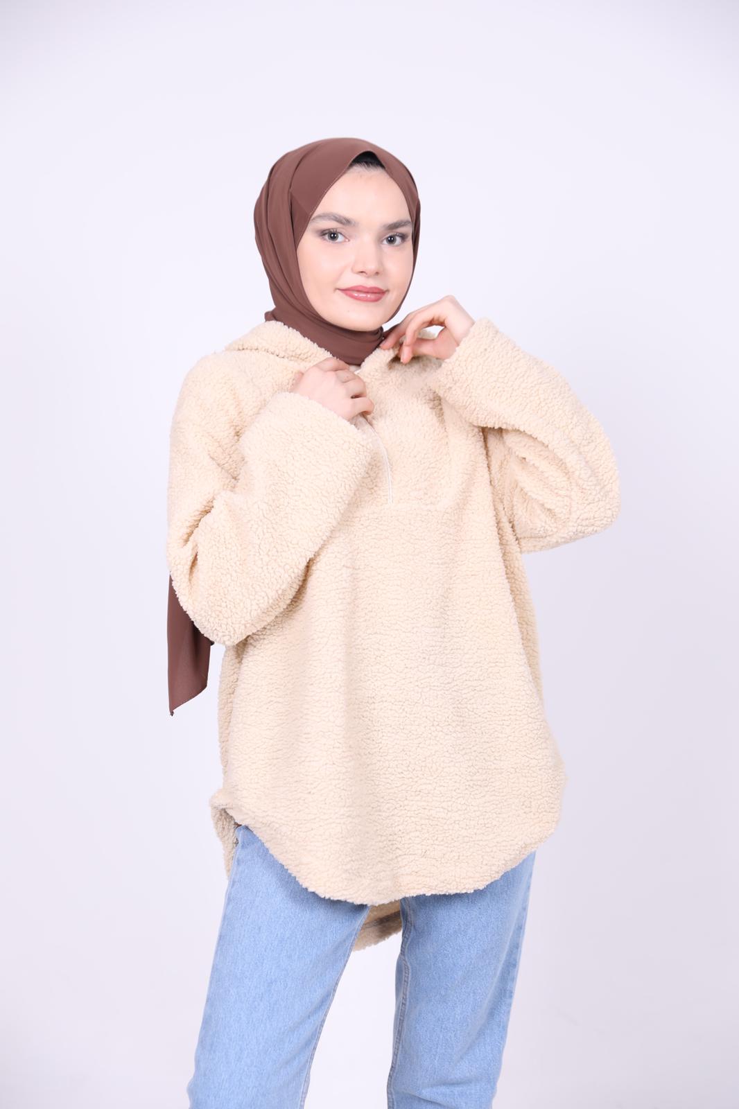 Kapşonlu Peluş Sweat Bej