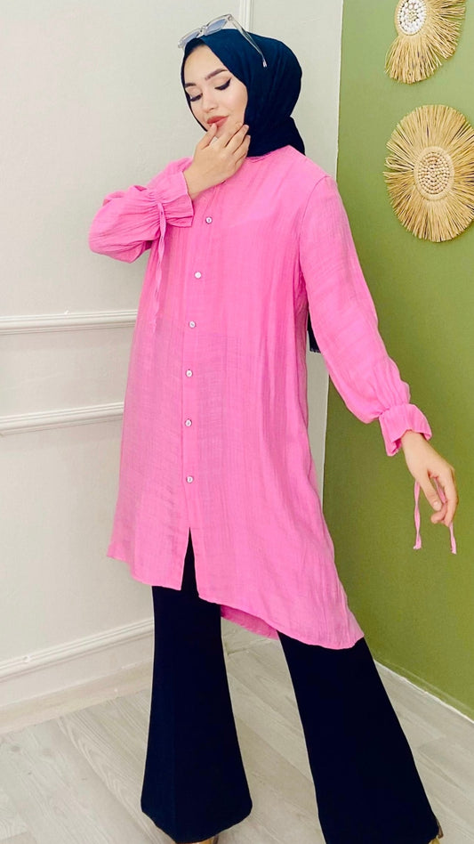 Kolları Bağcıklı Uzun Tunik Pembe