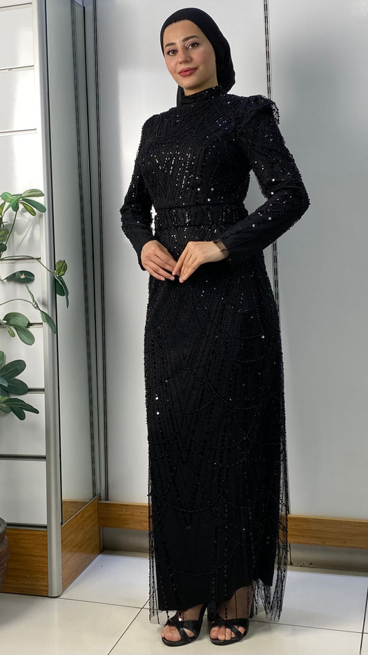 İnci İşlemeli Kemerli Kalem Model Abiye Siyah
