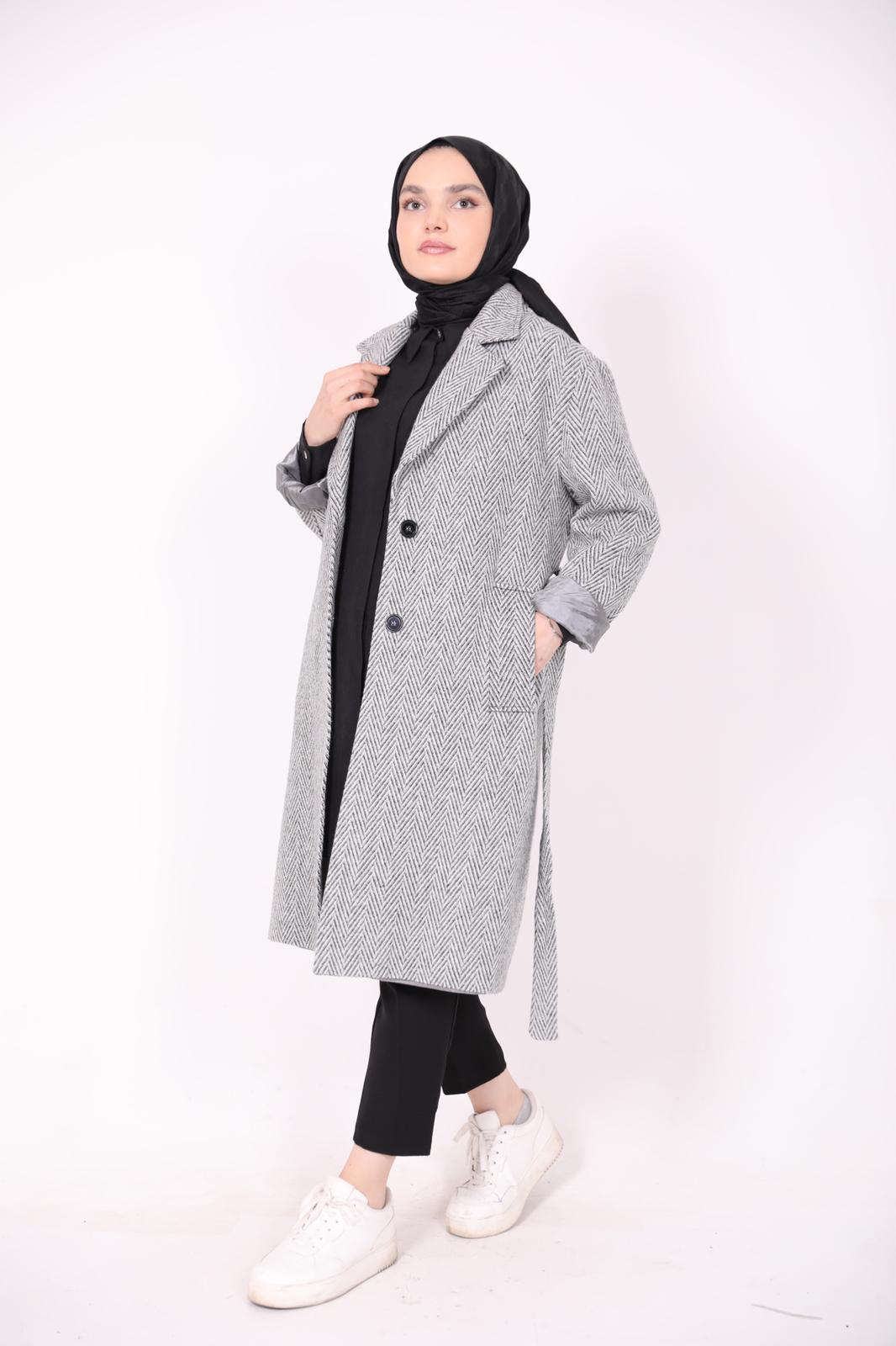 Çizgi Desen Kuşaklı Astarlı Kaban Gri