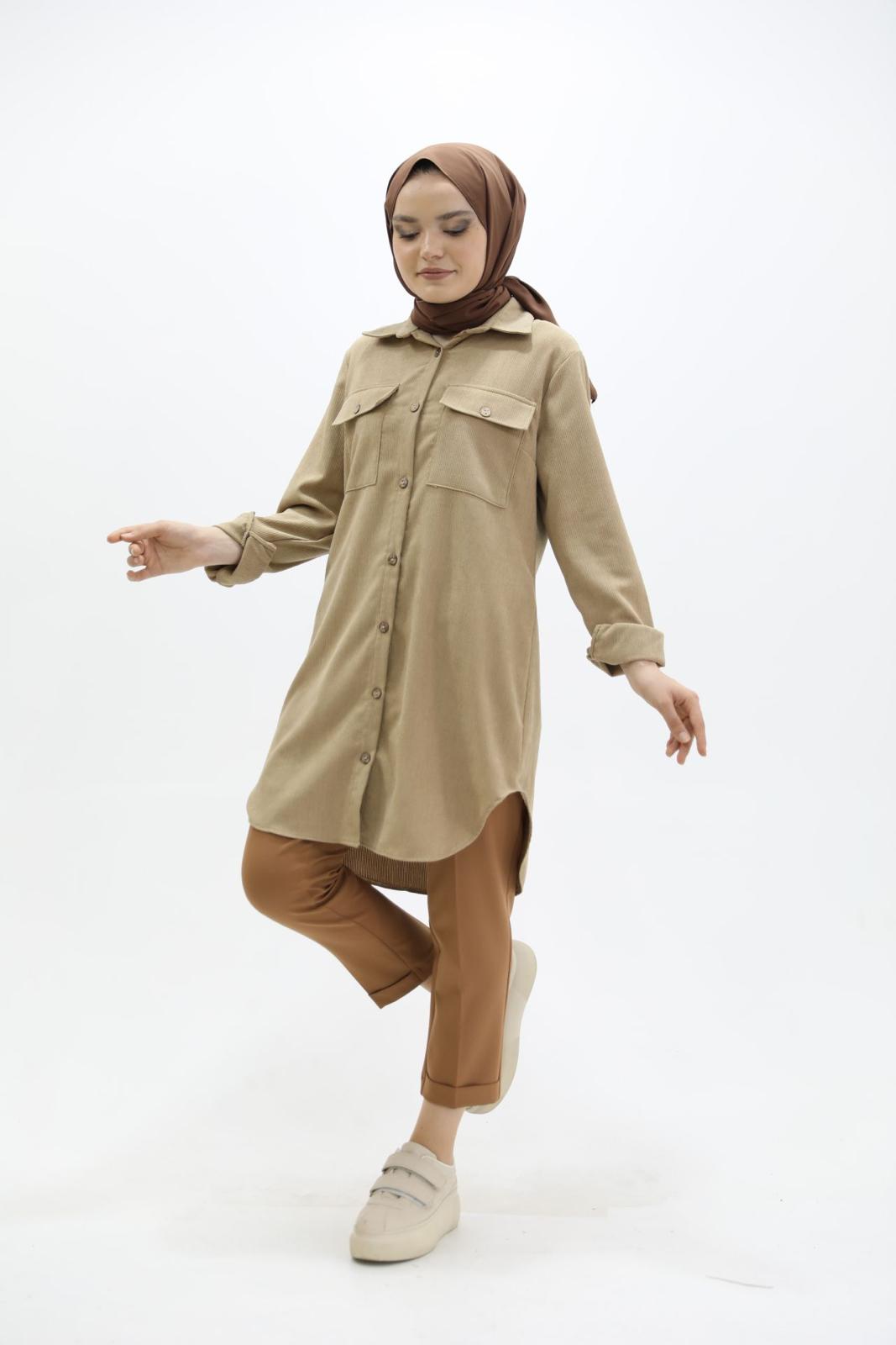 Velvet Shirt with Pockets Beige