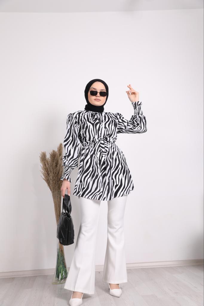 Zebra Patterned Belted Shirt Black