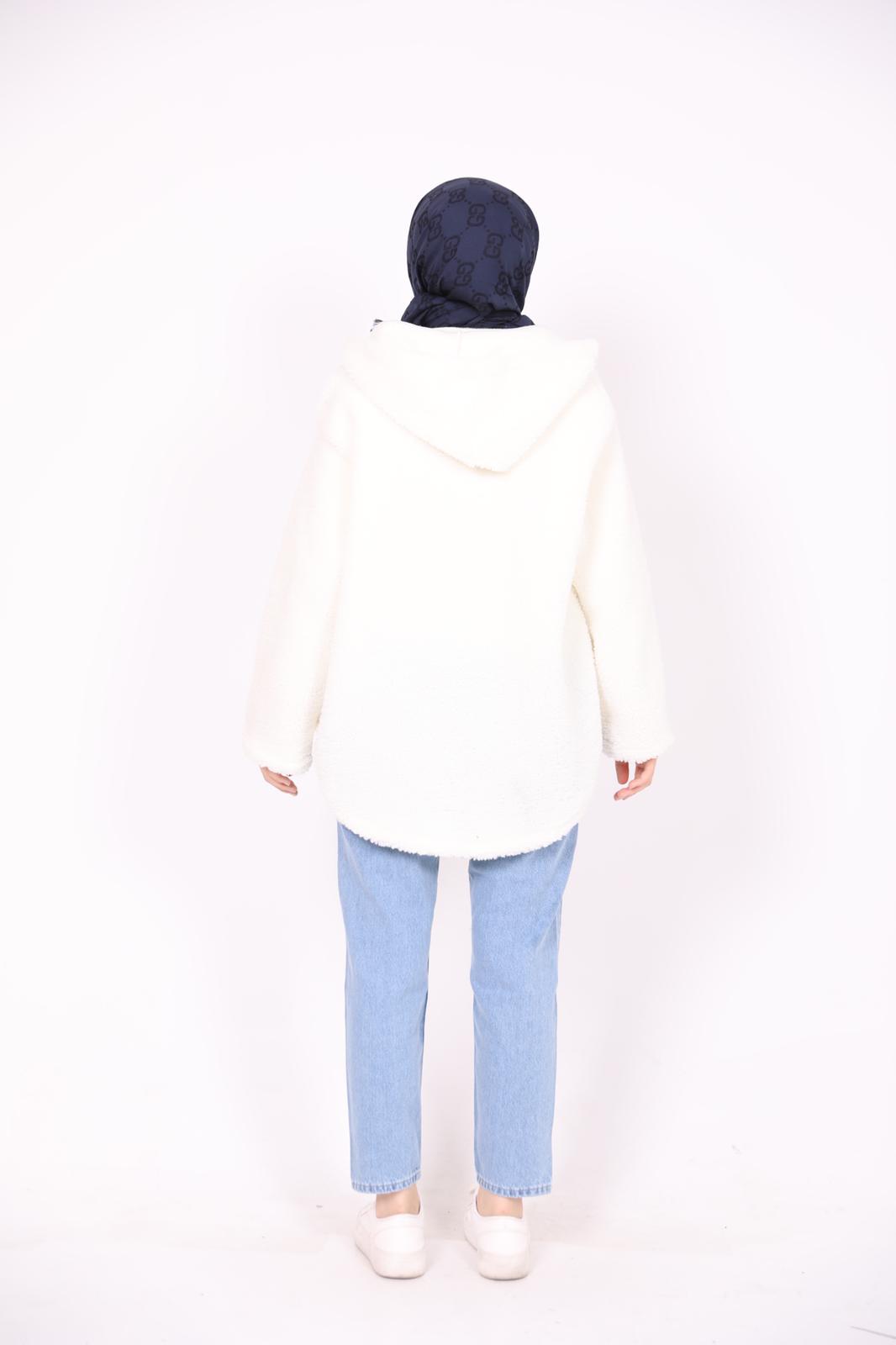 Kapşonlu Peluş Sweat Beyaz