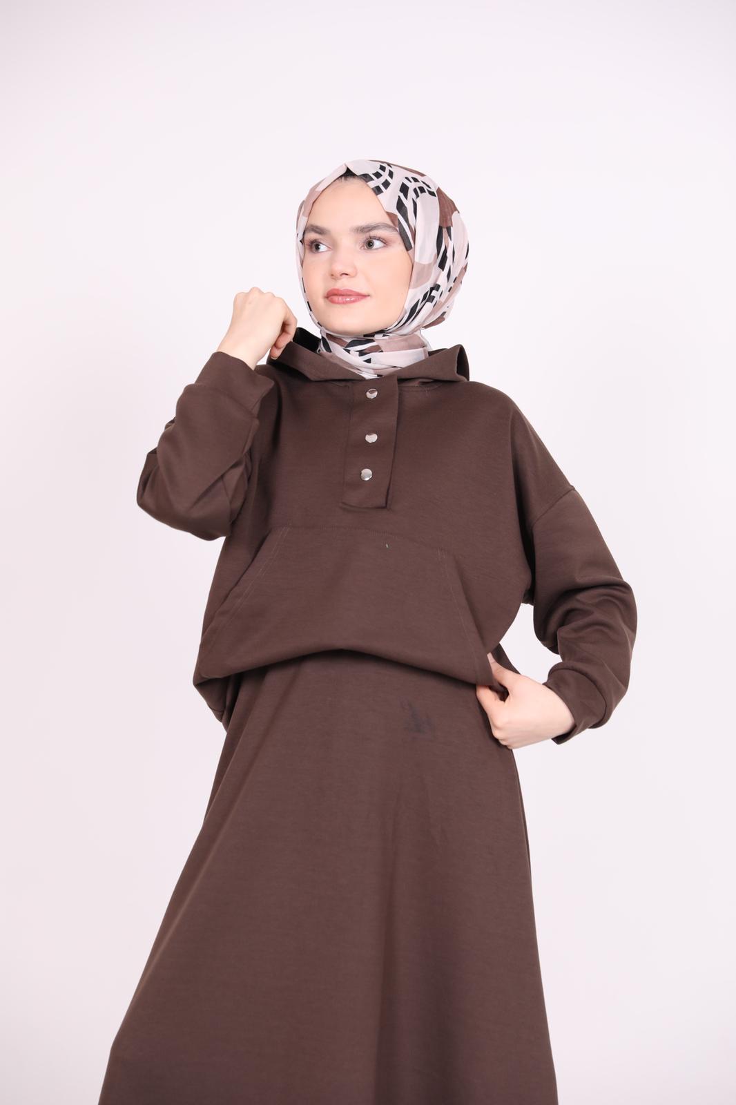 Kangaroo Pocket Hooded Skirt Set Brown
