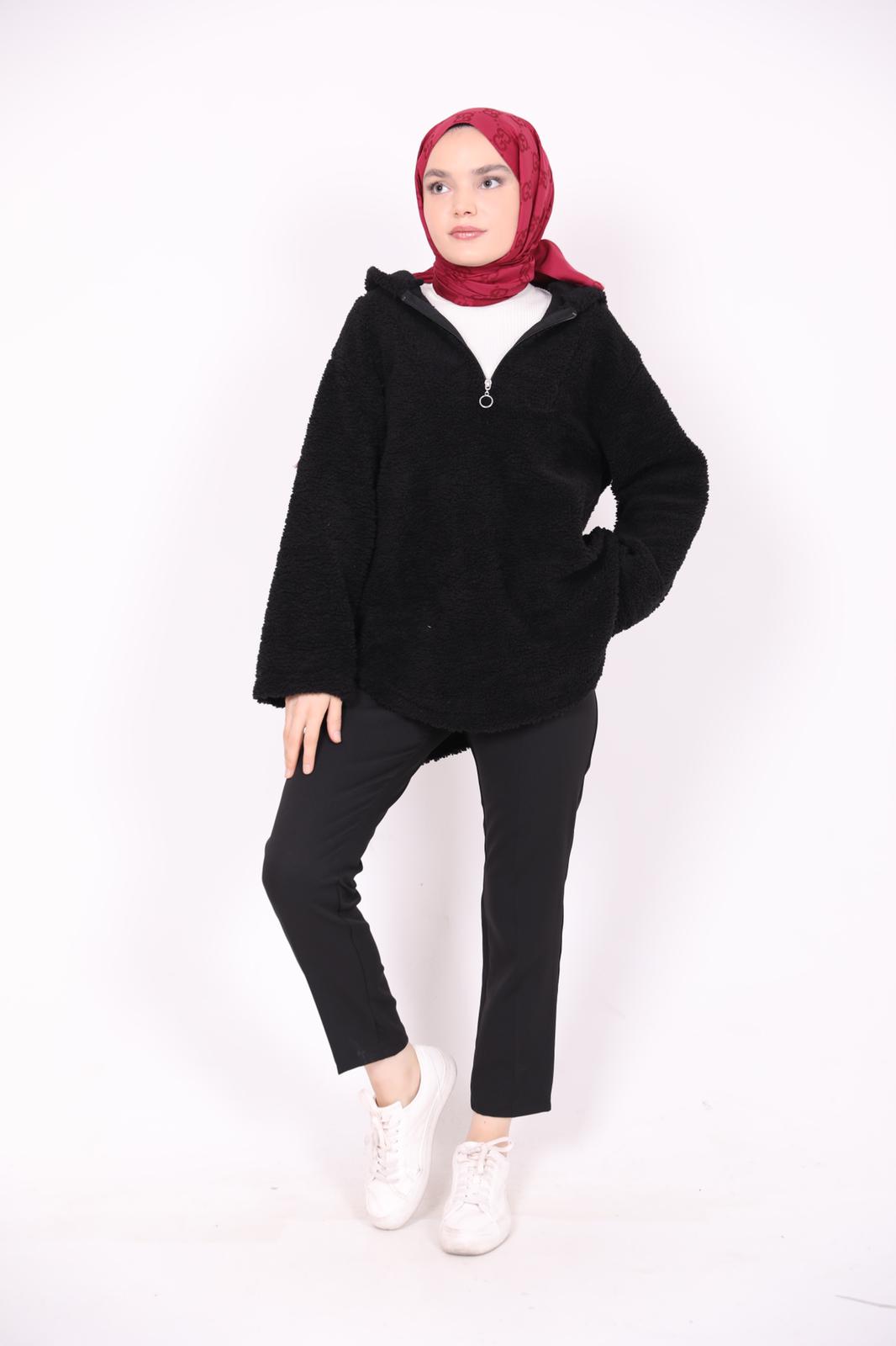 Kapşonlu Peluş Sweat Siyah