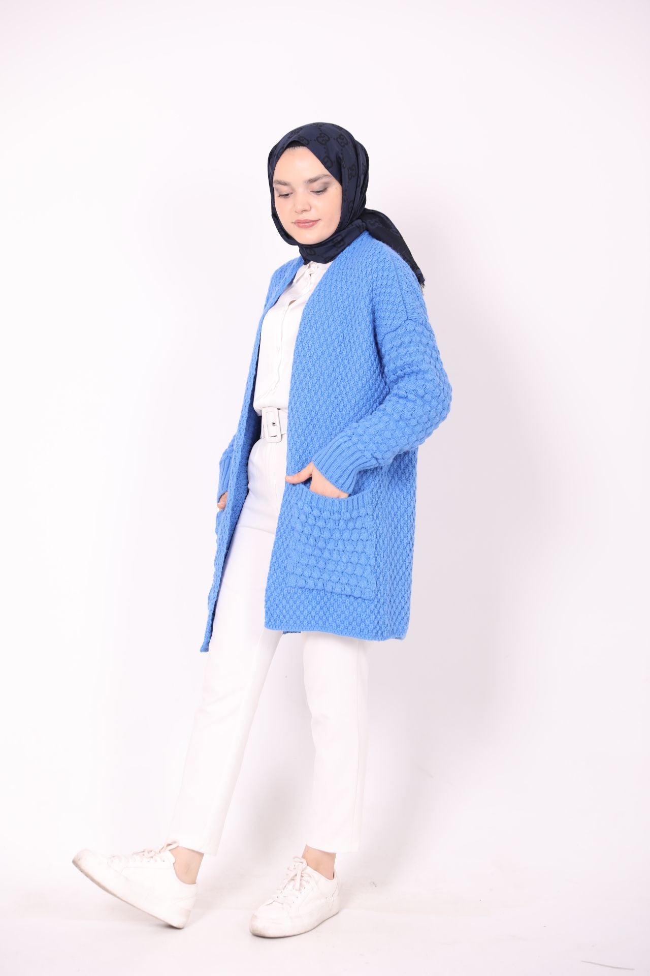 Double Pocket Knitted Model Cardigan Blue
