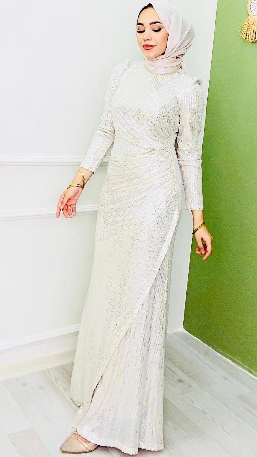 Zara Model Payetli Kalem Abiye Bej