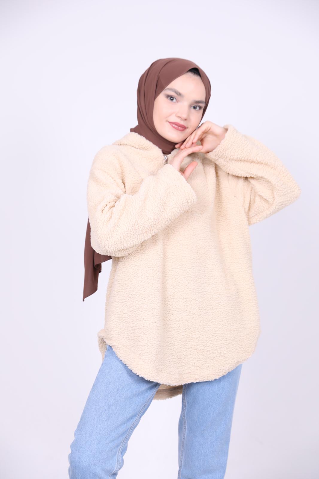 Kapşonlu Peluş Sweat Bej