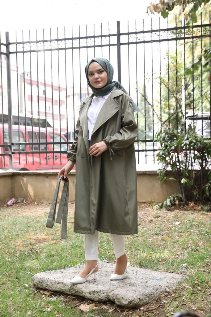 Oversized Trench with Tie Sleeves Green