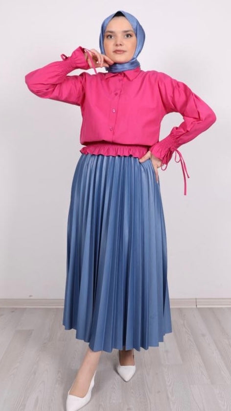 Kol ve Bel Büzgülü Bluz Pembe