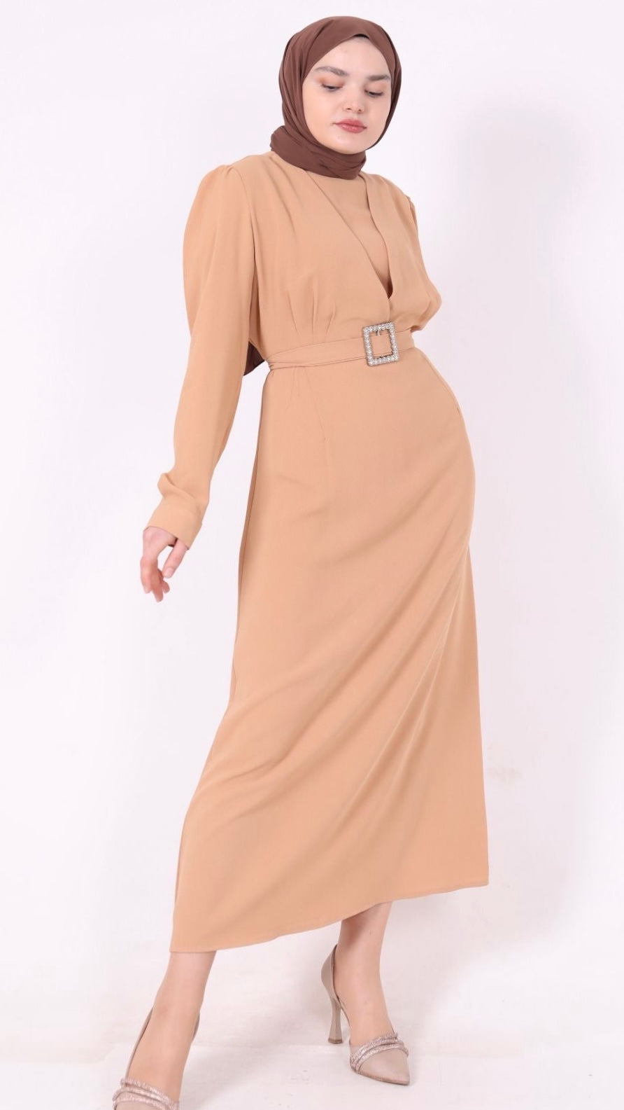 Kemerli Kalem Elbise Camel