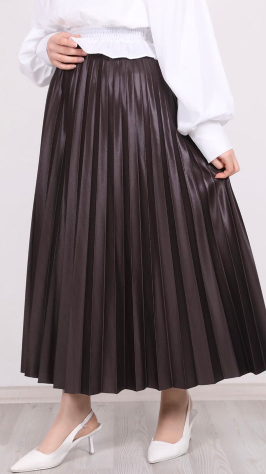 Leather Look Pleated Skirt Brown