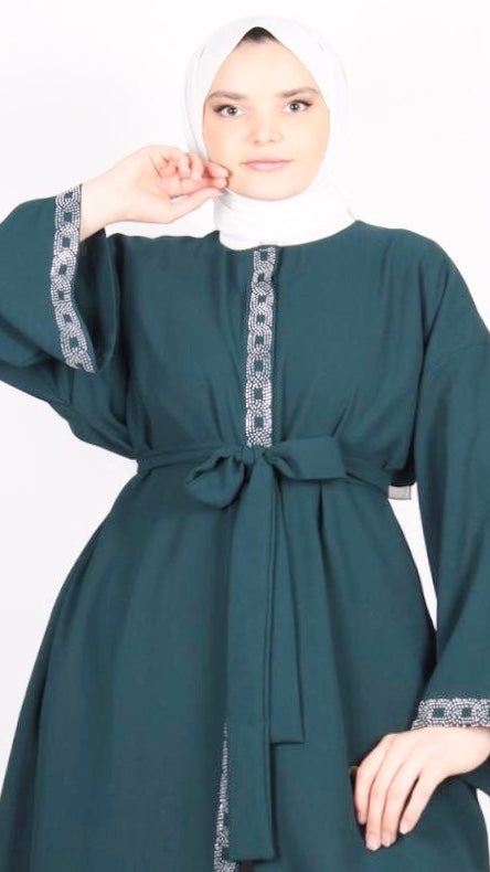 Taş İşlemeli Abaya Yeşil