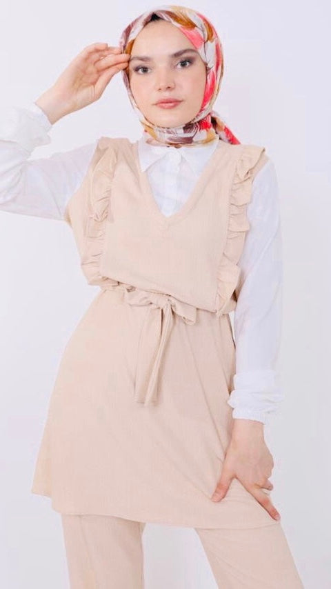Frilly Front Shirt Detailed Suit Beige