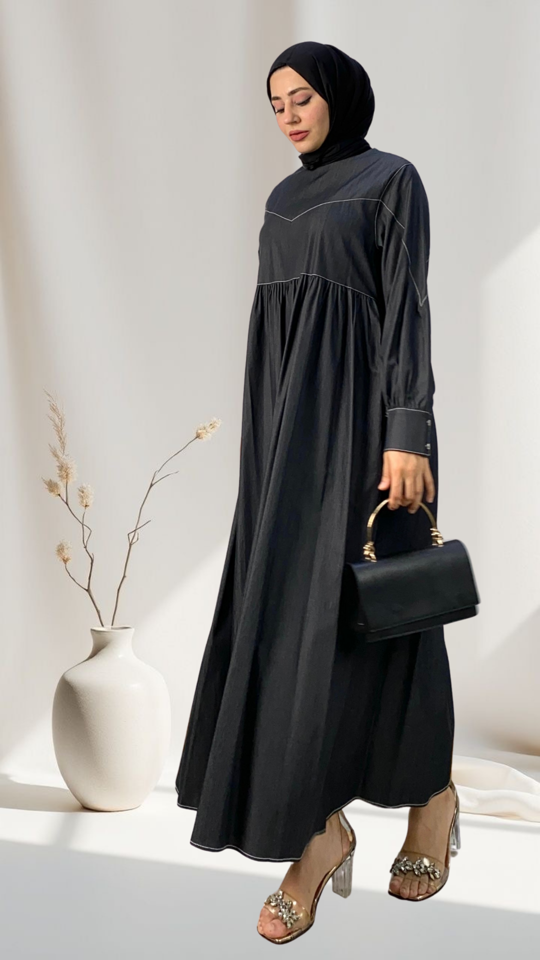 Stitching Detailed Denim Dress Black