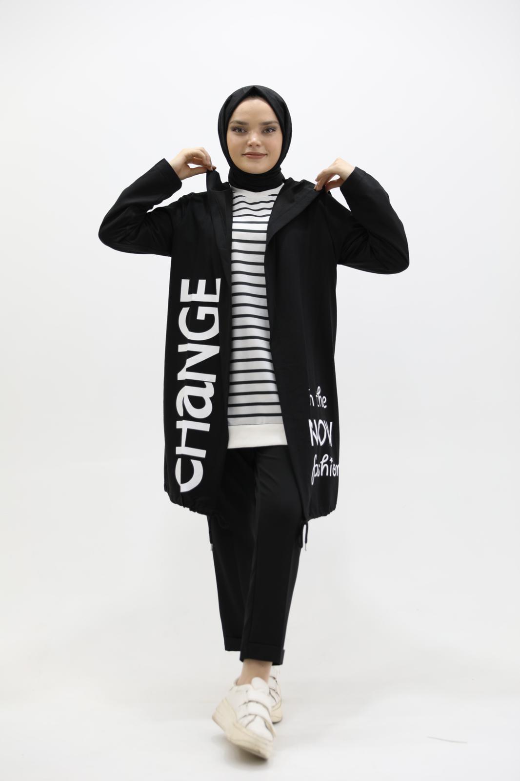 Printed Hooded Sweat Cardigan Black