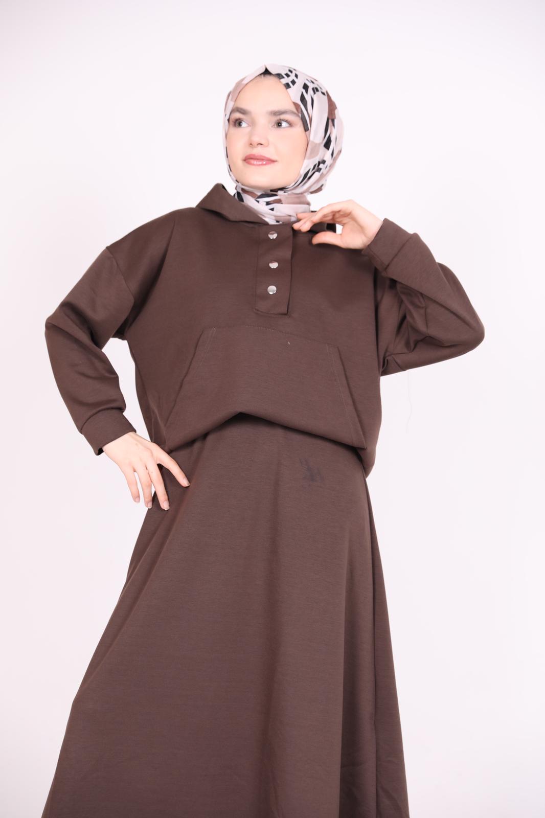 Kangaroo Pocket Hooded Skirt Set Brown