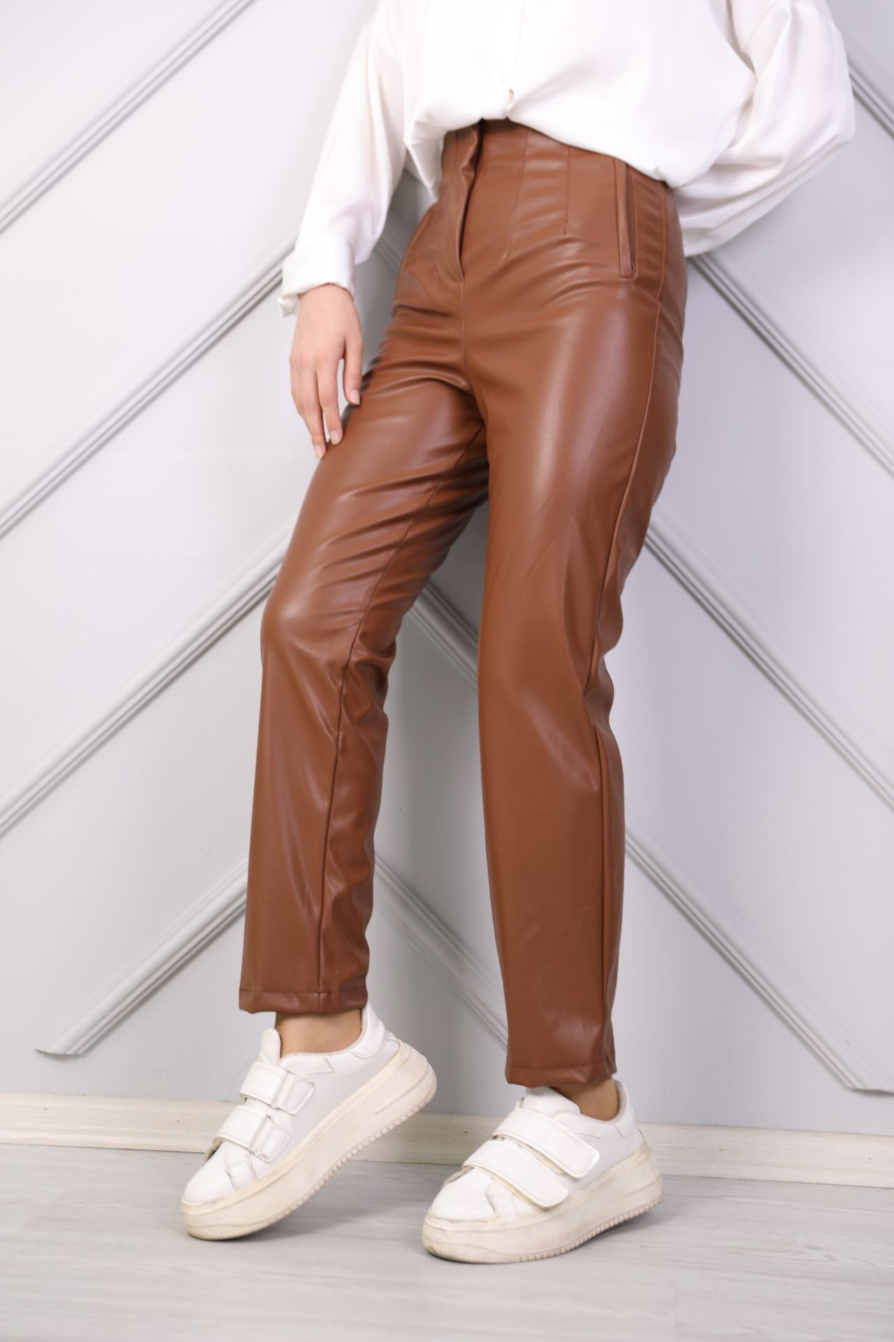 Zara Model Leather Trousers Tan – Bağaç Moda