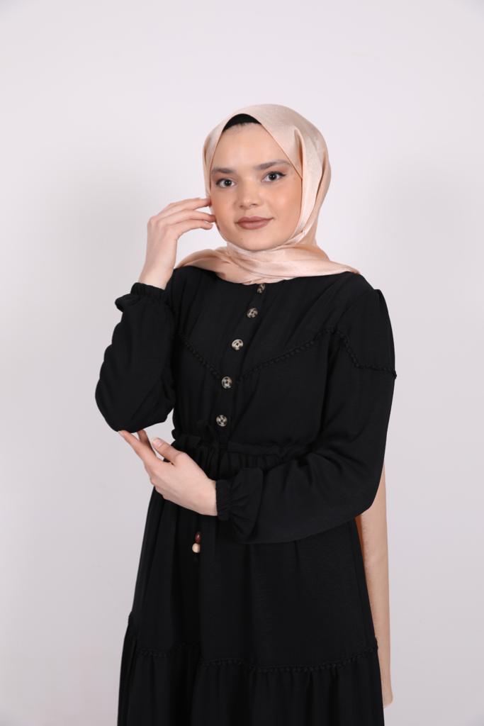 Belden Bağlamalı Güpürlü Elbise Siyah