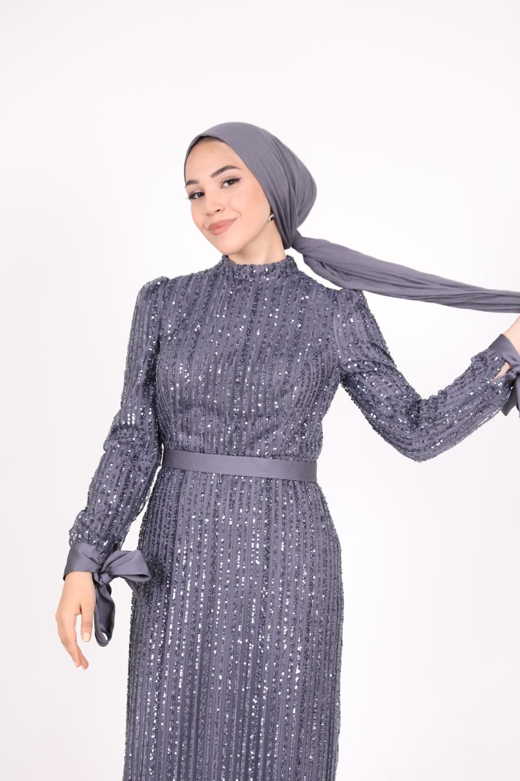 Ful Payetli Kalem Model Elbise Gri