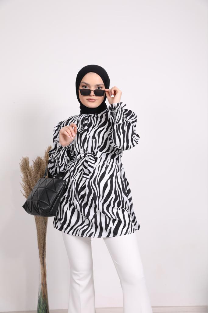 Zebra Patterned Belted Shirt Black