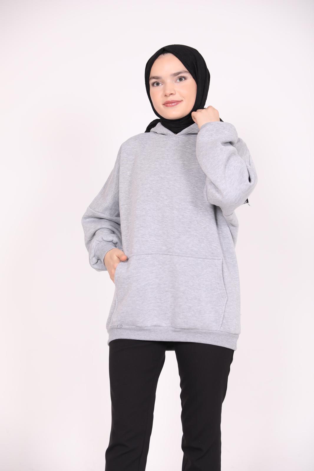 Üç İplik Kanguru Cepli Sweat Gri