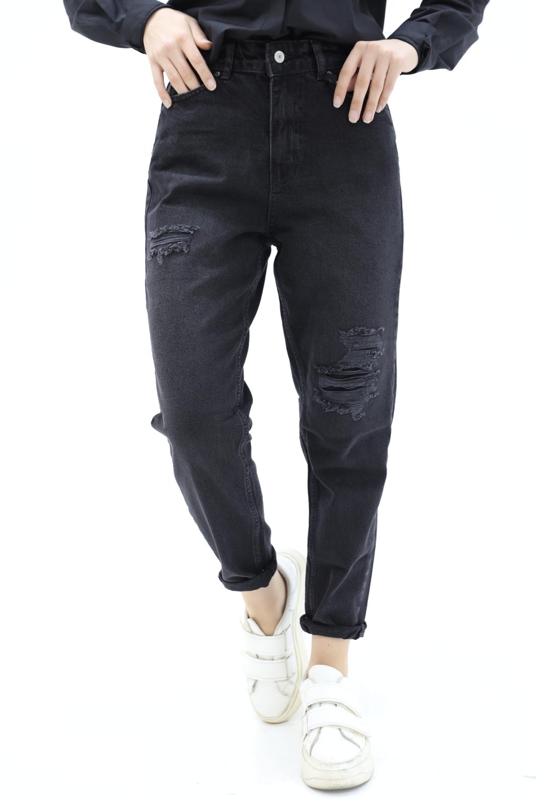 Mom Jean Trousers with Slits at the Knees Black