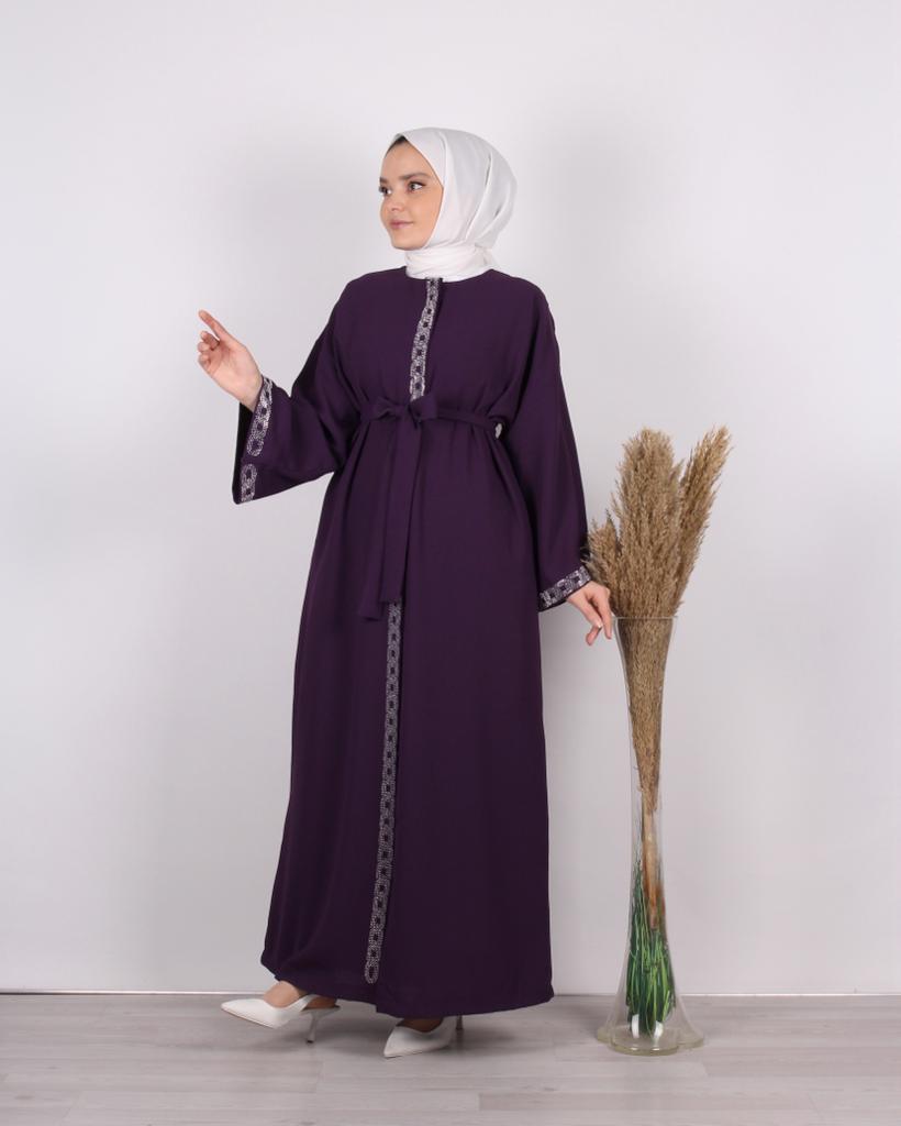 Taş İşlemeli Abaya Mor