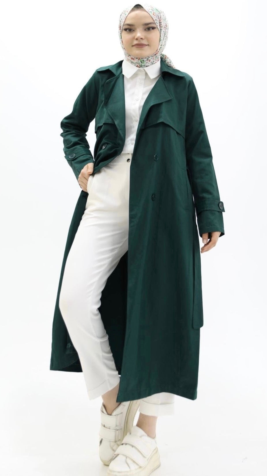 Button and Waist Lace Trench Green