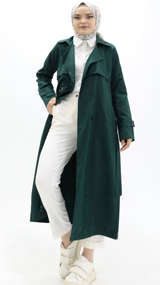 Button and Waist Lace Trench Green