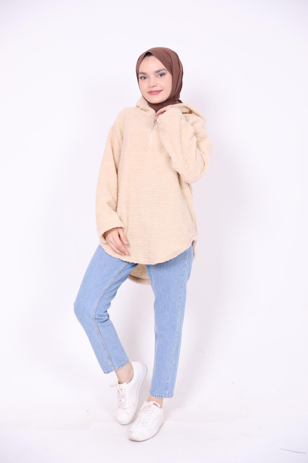 Kapşonlu Peluş Sweat Bej