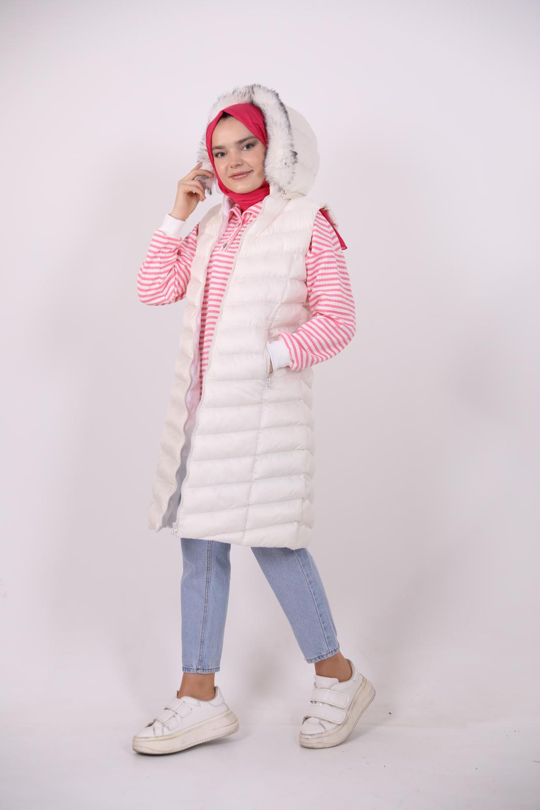 Furry Hooded Puffer Vest White