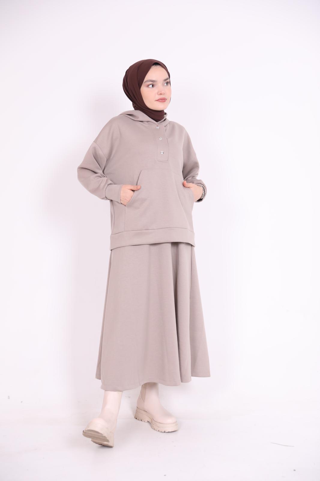 Kangaroo Pocket Hooded Skirt Suit Mink