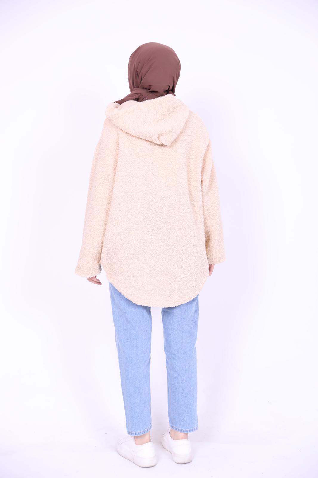 Kapşonlu Peluş Sweat Bej
