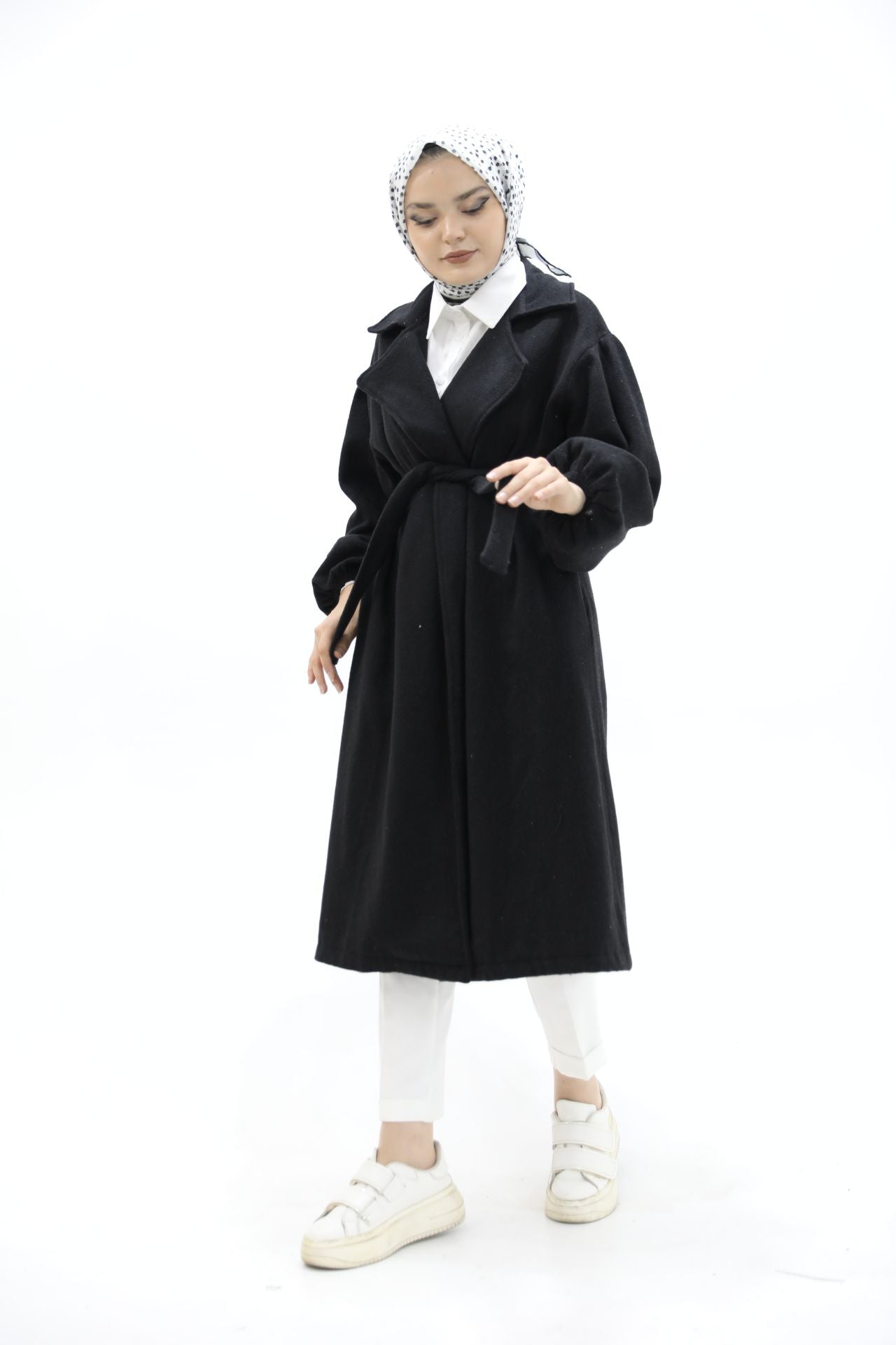 Balloon Sleeve Belted Coat Black