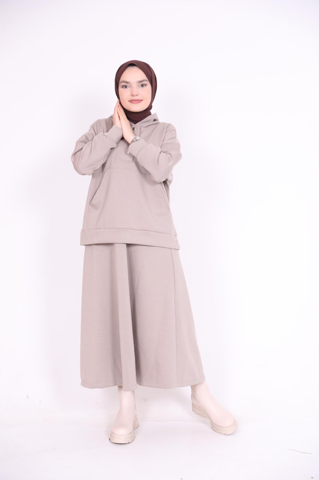 Kangaroo Pocket Hooded Skirt Suit Mink