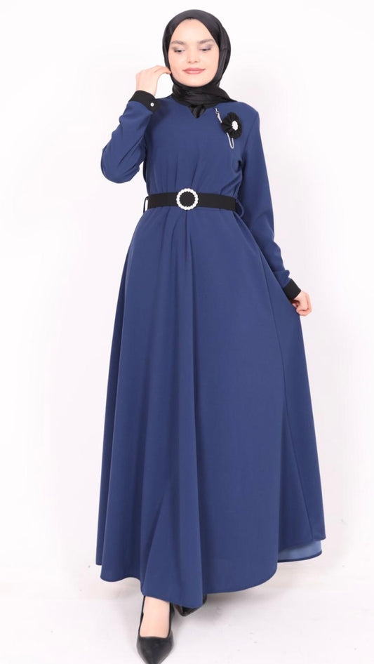 Rose Bronze Belted Dress Navy Blue