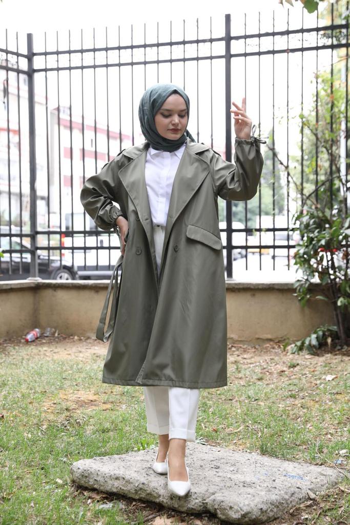 Oversized Trench with Tie Sleeves Green