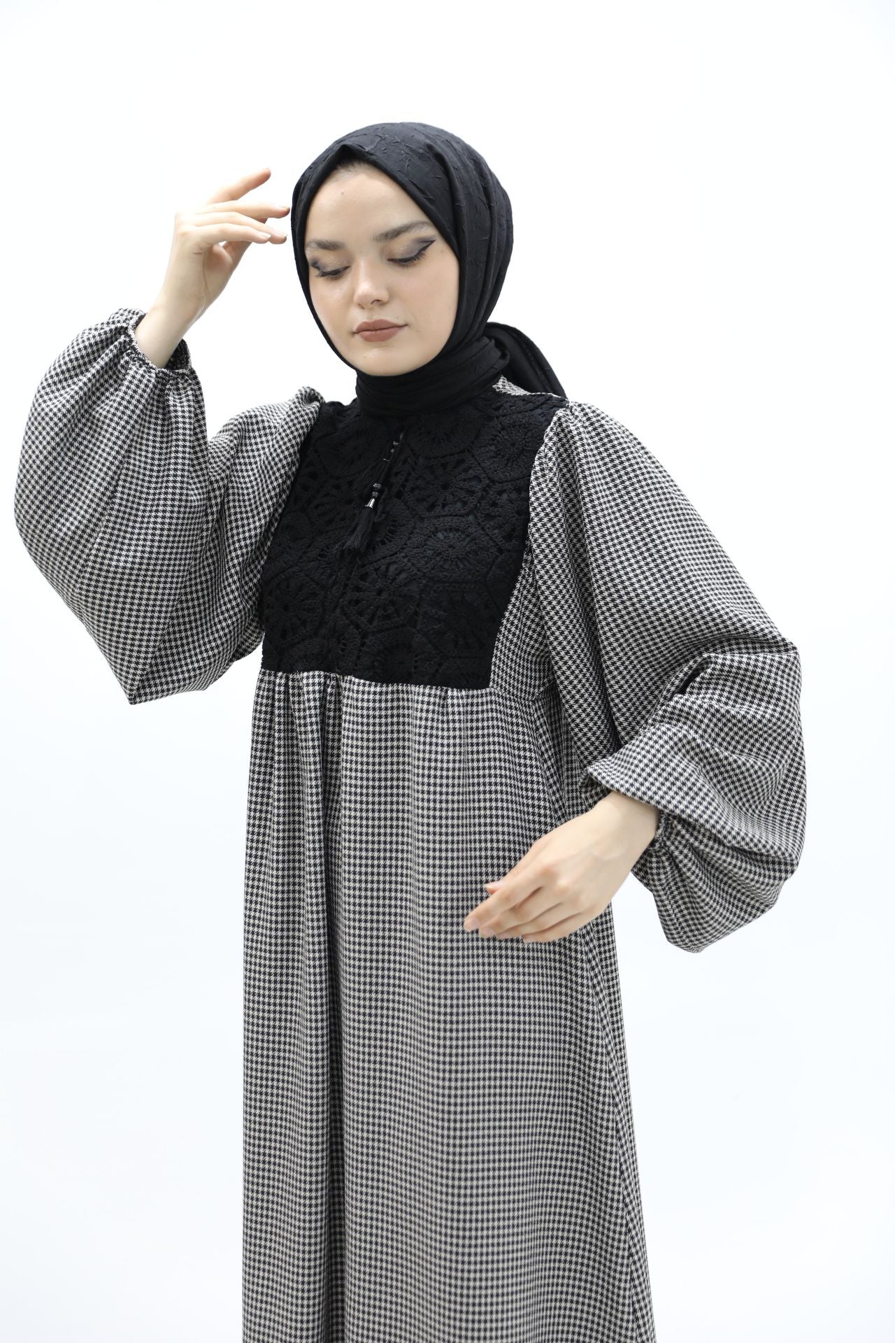Plaid Dress Black with Lace Front