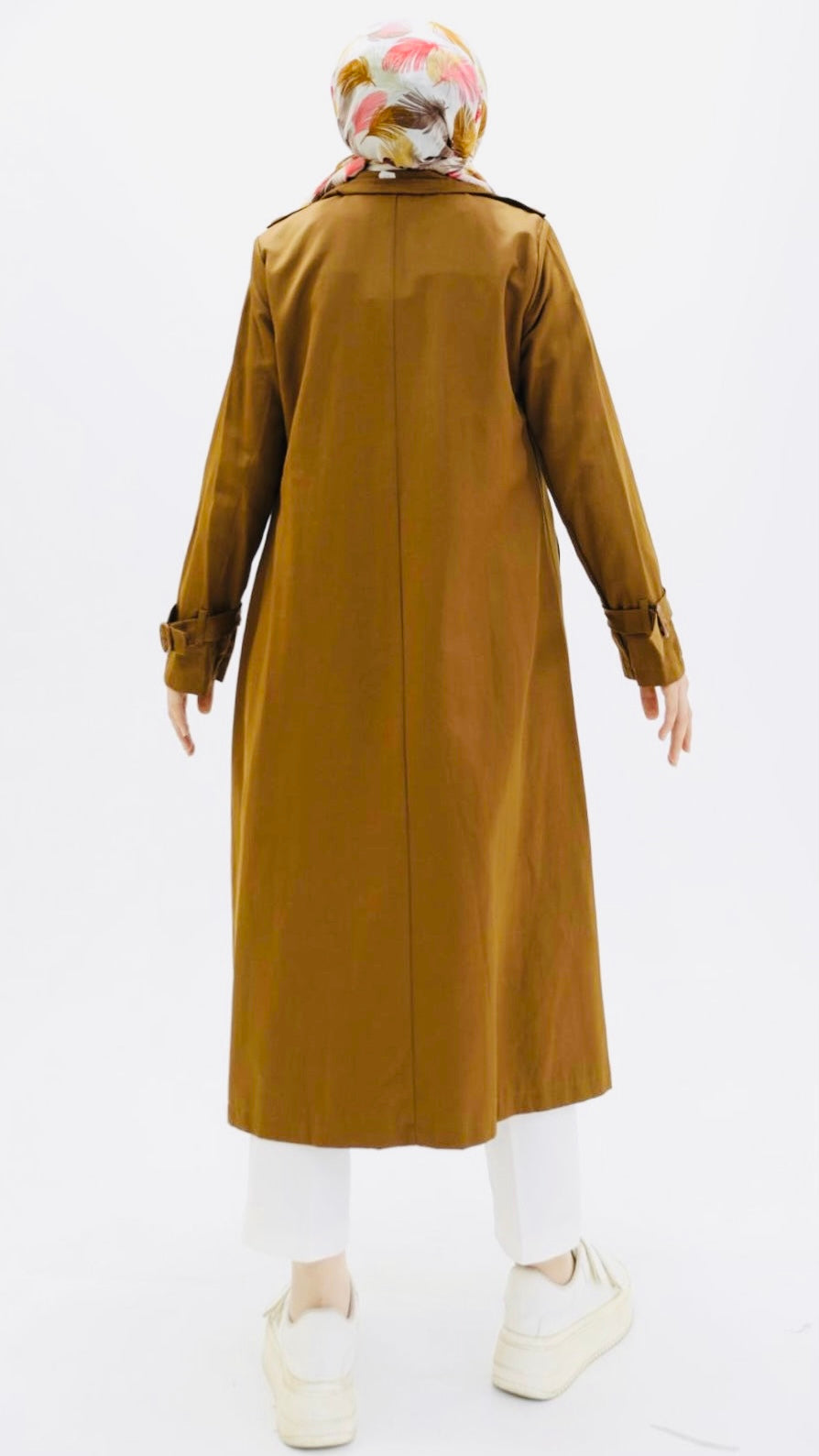 Omzu Düğme ve Beli Kuşaklı Trenç Camel