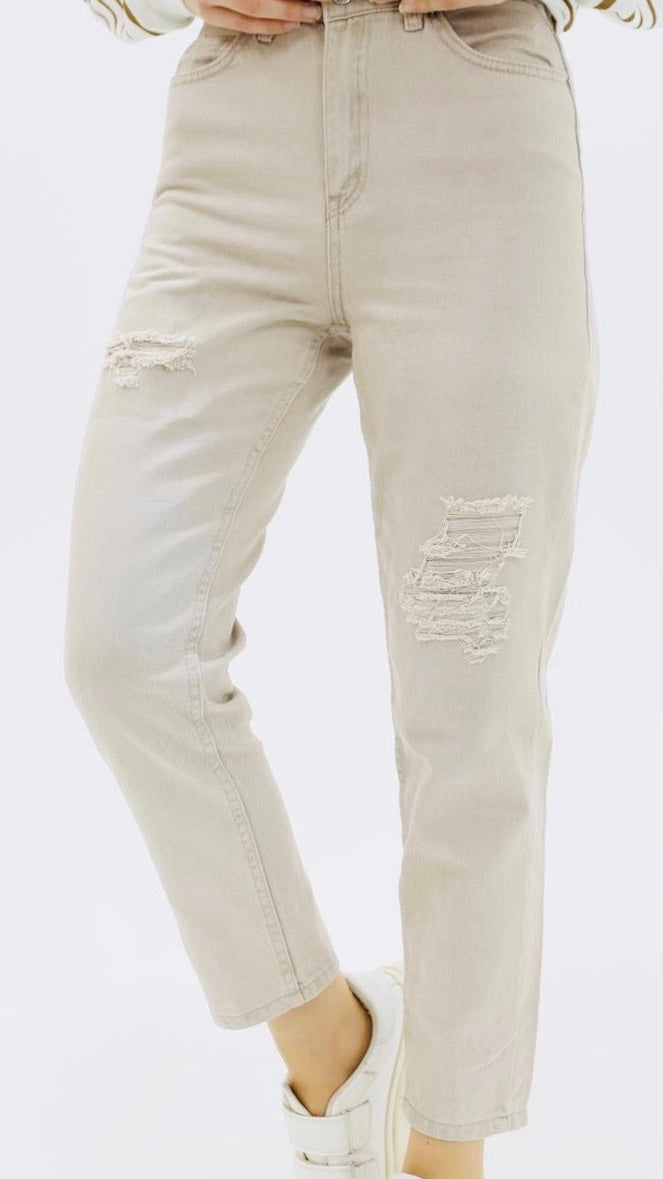 Mom Jean Trousers with Slits at the Knees Beige