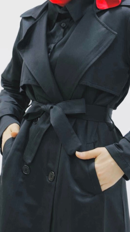 Button and Waist Lace Trench Black