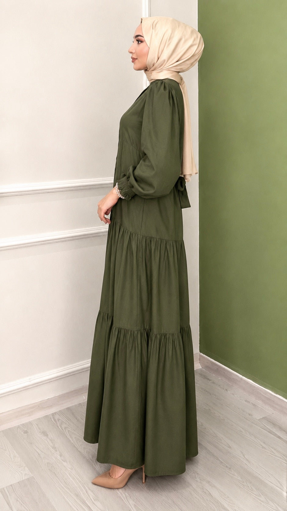 Önü Düğmeli Salaş Model Elbise Haki