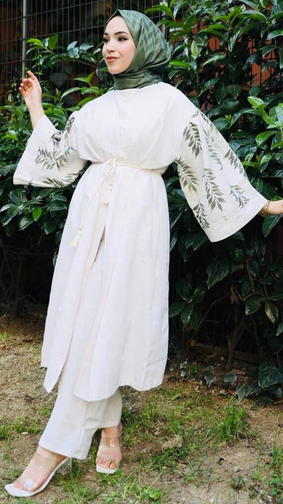 Kolları Desenli Kuşaklı Kimono Takım