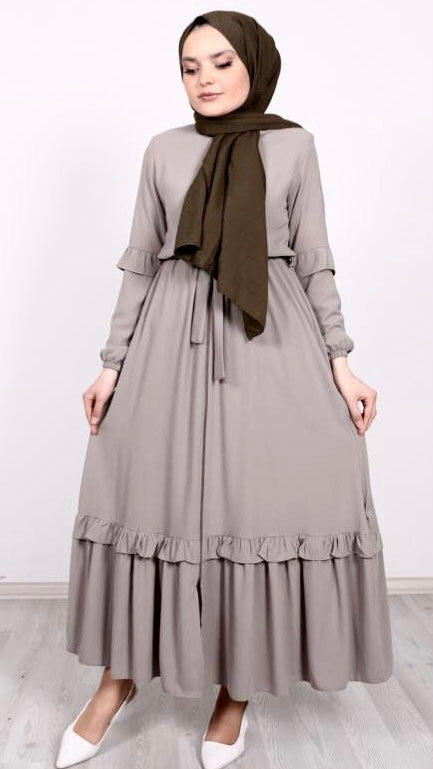 Abaya with Frilled Skirt and Sleeves Beige